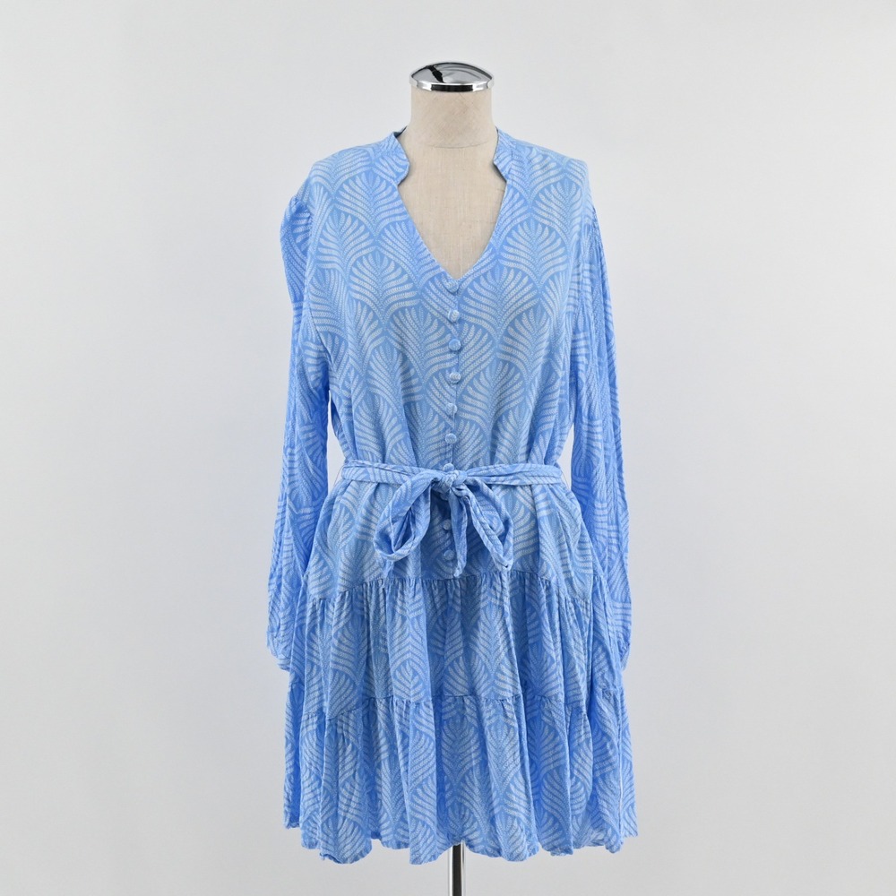 Walker & Wade Blue Patterned Tiered Mini Dress Womens Size L Resort Boho